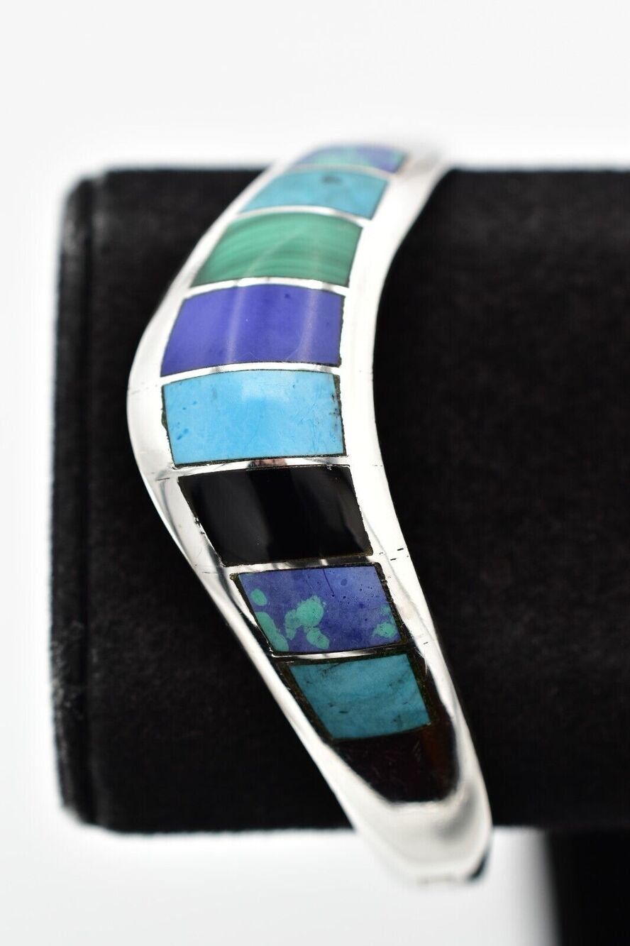 TS-131 Mexico 950 Silver Bracelet Stone Inlay 40 Grams Designer Signed Bin8